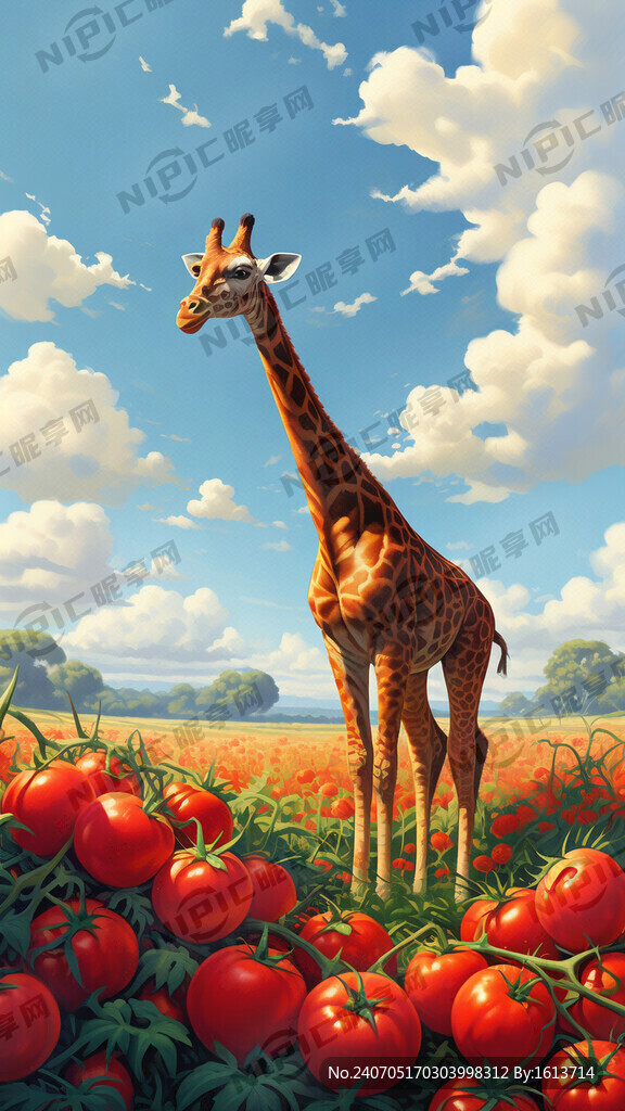 蓝天白云 草地上一只长颈鹿