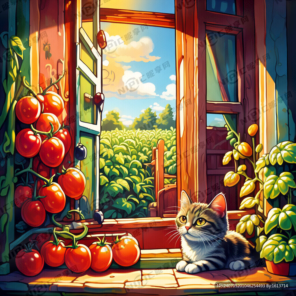 卡通窗户 外面一片番茄
