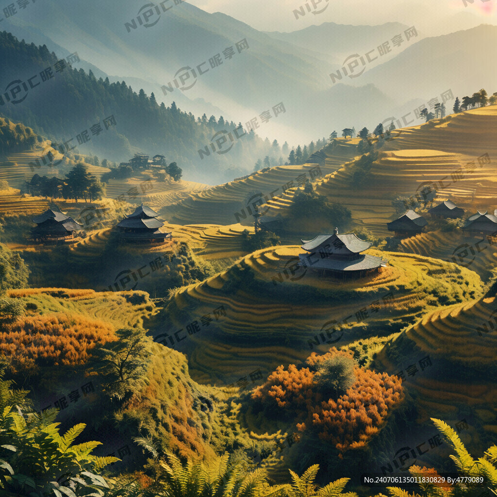 有梯田稻谷和山水的礼合