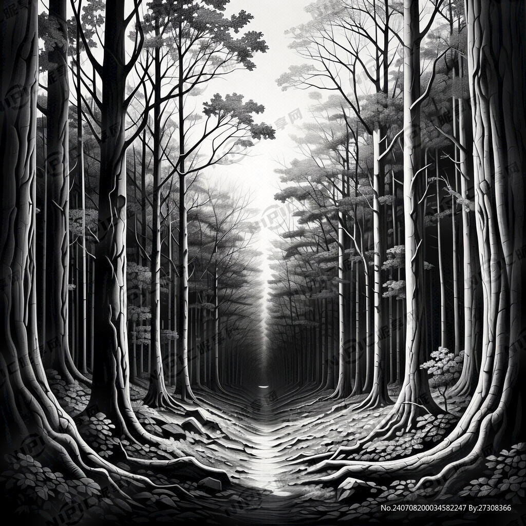 树林 黑白 树干 树木