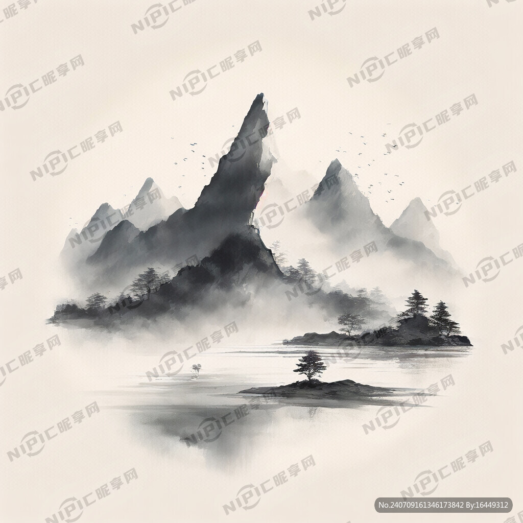 单线条山、中国风插画