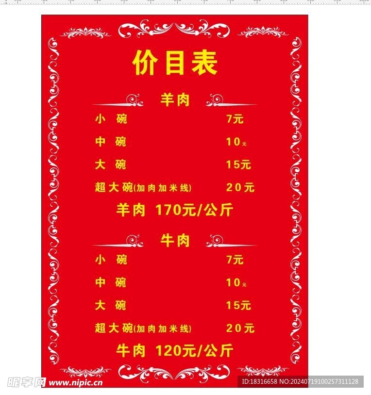牛肉羊肉价目表