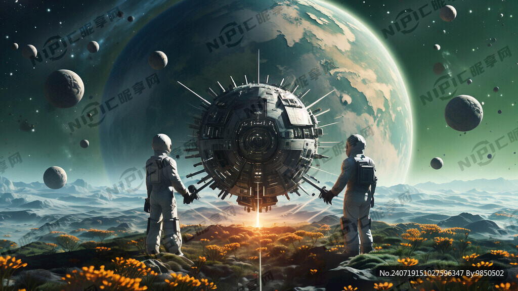 中间有一个宇宙飞船里面坐着几个