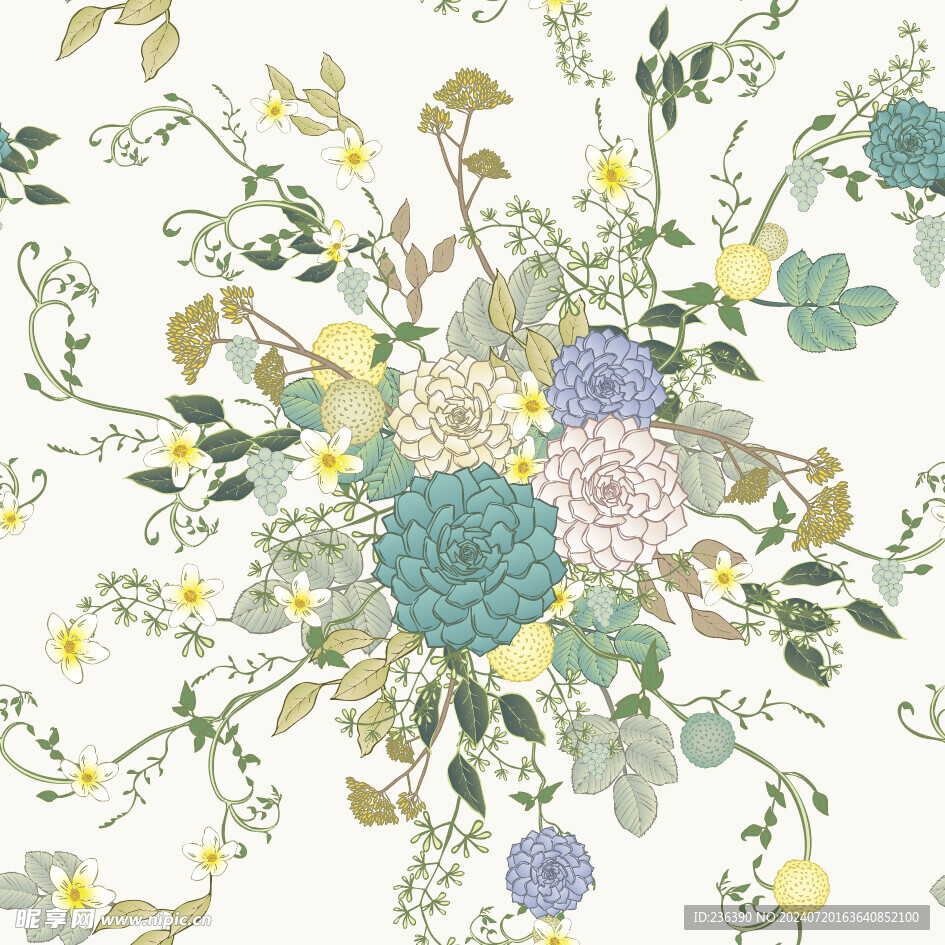 白底牡丹无缝花纹图案复古风格