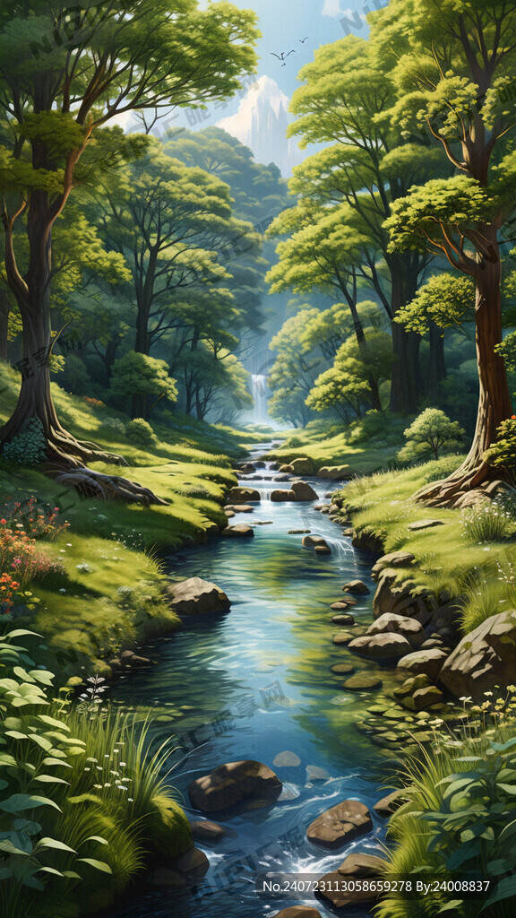 泉水 河流 森林 大树草坪