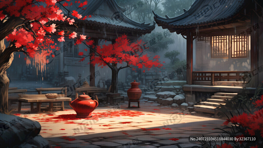 古风古代院内特写 院里红梅花