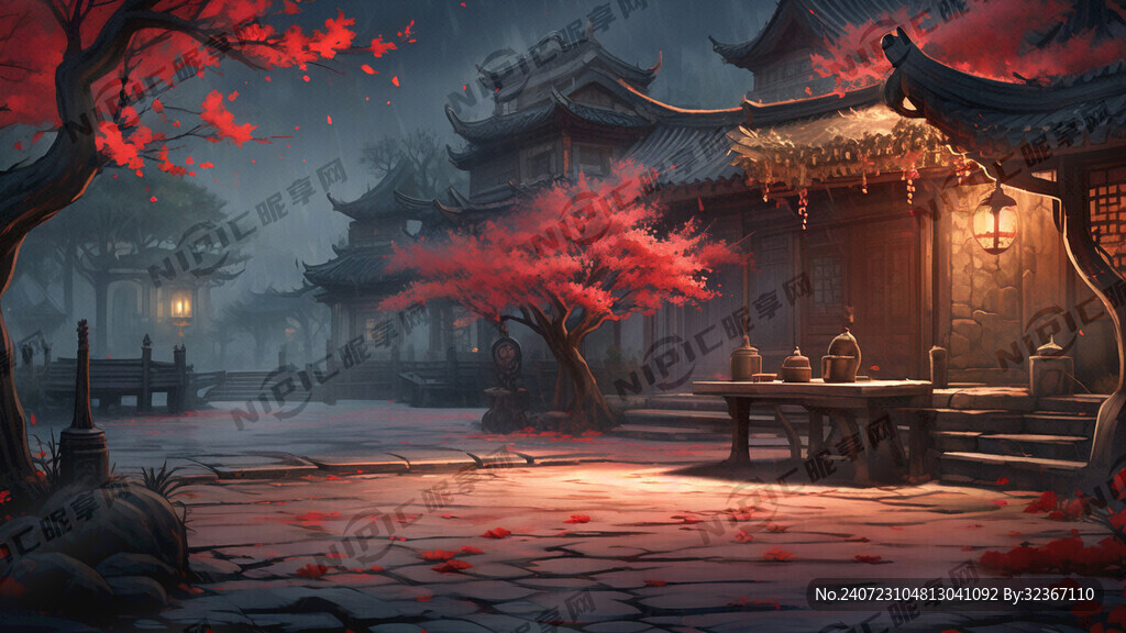 古风古代院内特写 石桌子 茶壶