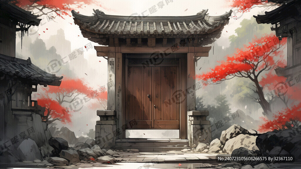 古风古代门 特写 浪漫国风