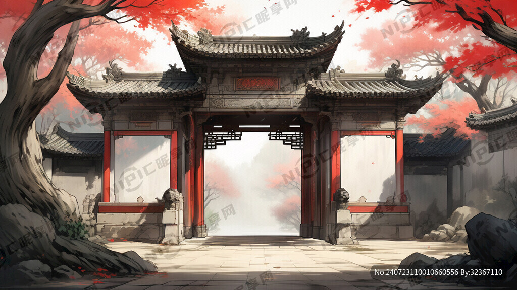 古风古代院大门特写 雕刻