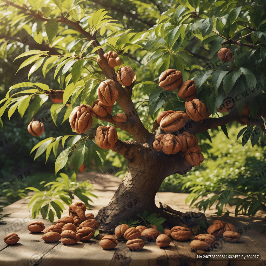 核桃树 树下有核桃 纯色背景