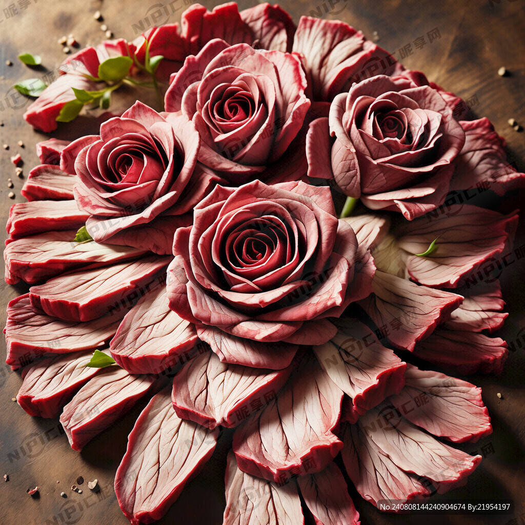 牛肉一片一片模拟出玫瑰花朵的样