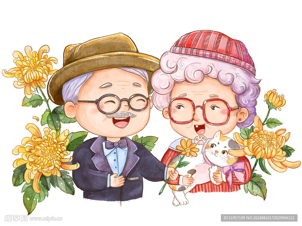 重阳节老人欣赏菊花