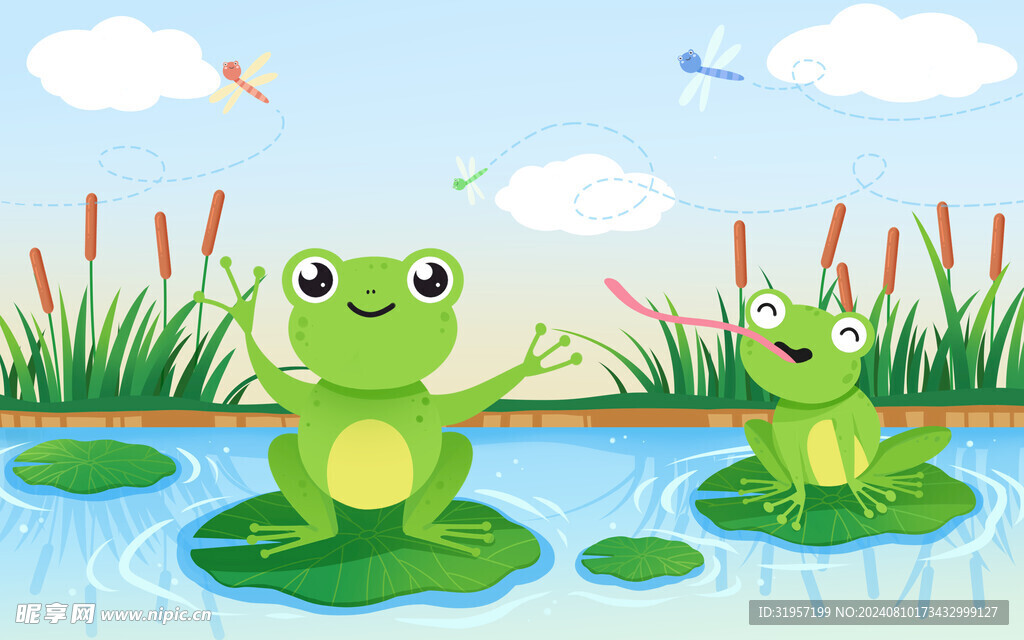 蓝色卡通池塘青蛙大自然插画