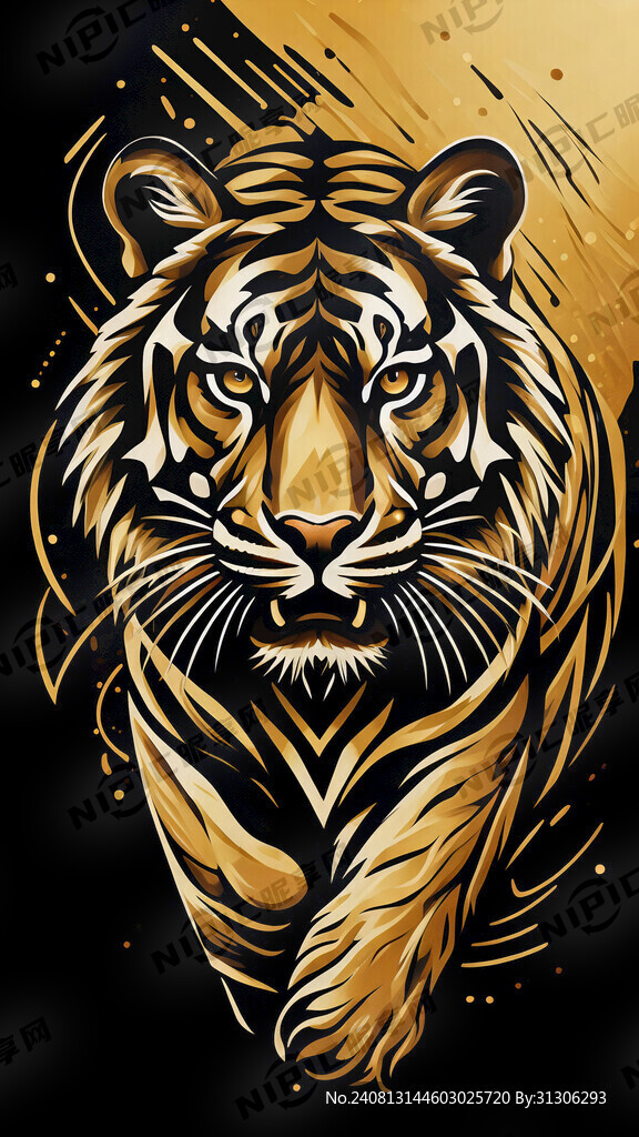 黑底金色线条平面虎