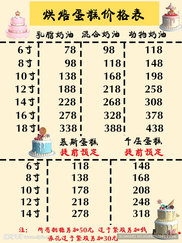 蛋糕价目表