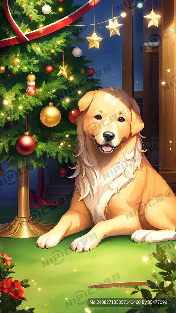 八只金毛寻回犬组成圣诞树