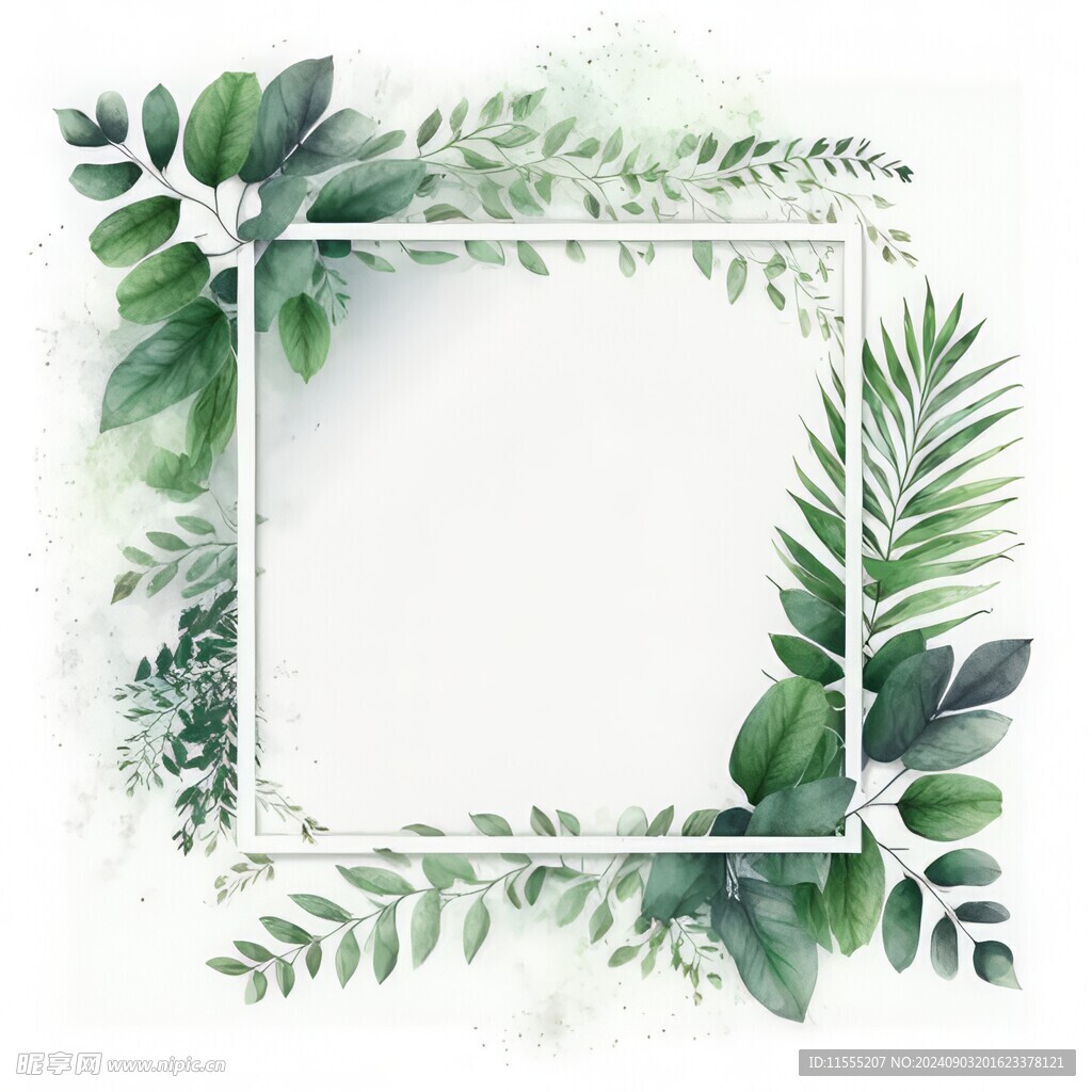 叶片树叶的边框水彩画风格插画