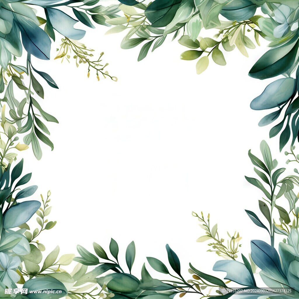 叶片树叶的边框水彩画风格插画