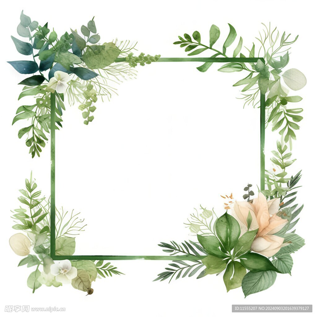 叶片树叶的边框水彩画风格插画