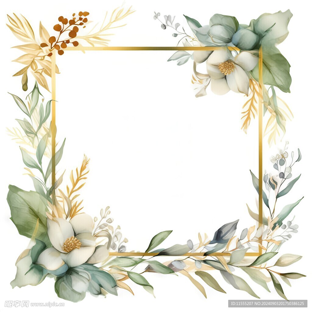 叶片树叶的边框水彩画风格插画