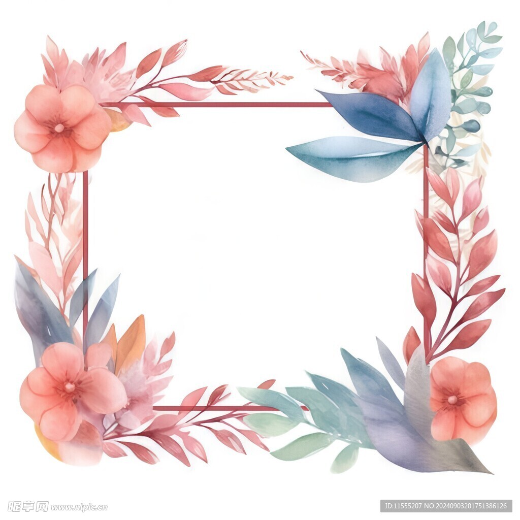 叶片树叶的边框水彩画风格插画