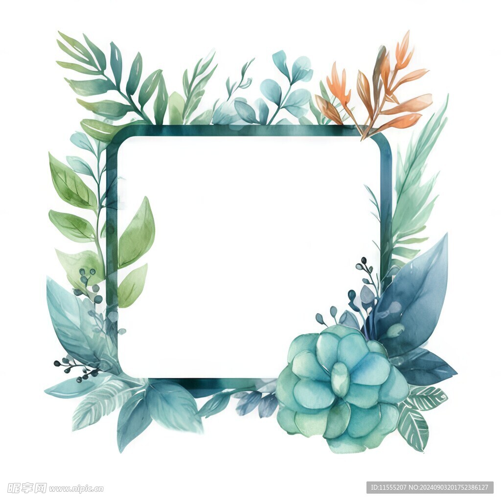 叶片树叶的边框水彩画风格插画