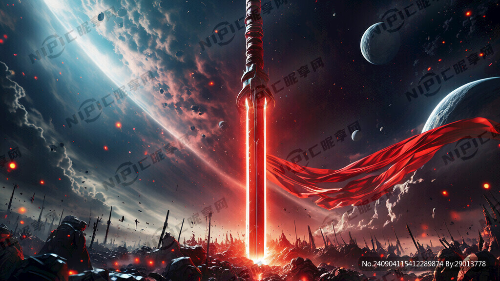 战争背景 红色绸缎缠绕着巨剑