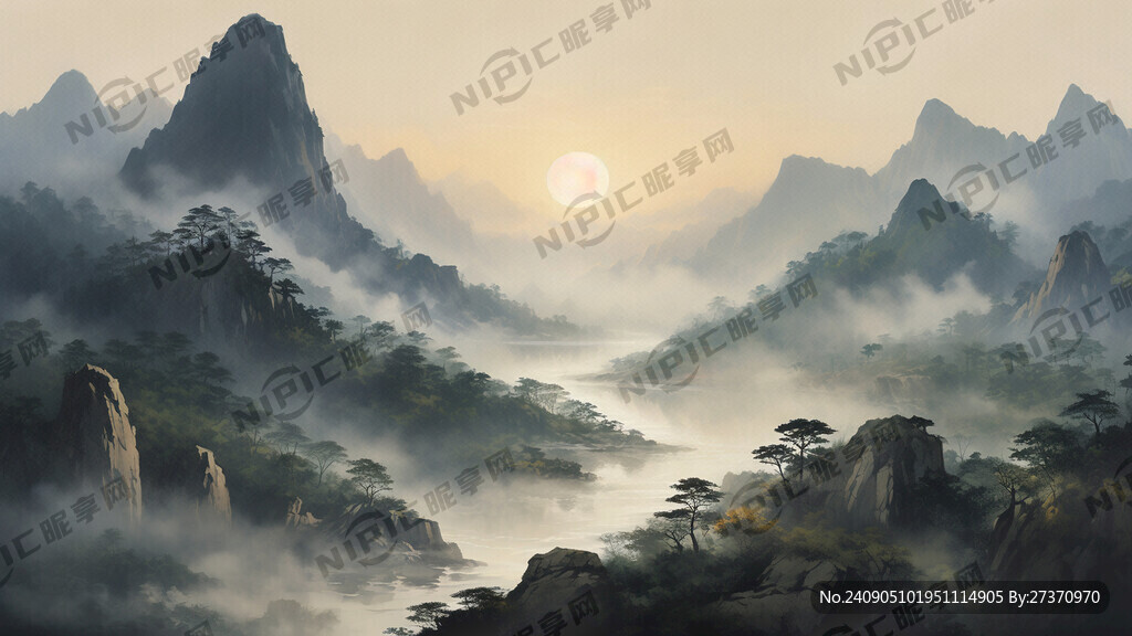 边检 山和延绵的森林 旭日东升