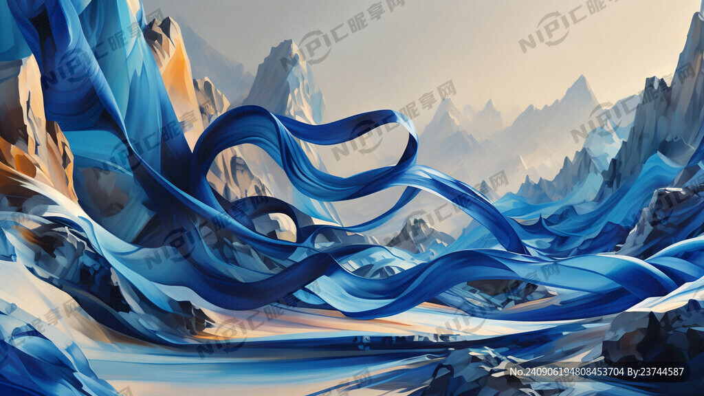 近景蓝色抽象飘带 远景 山脉