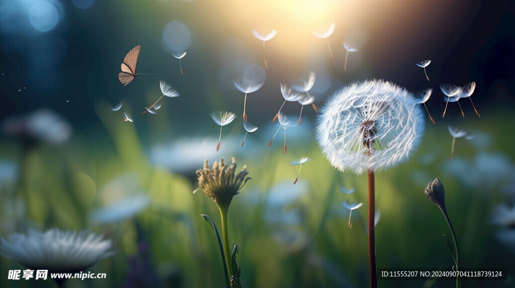 创意草地露珠蓝天吹散的蒲公英