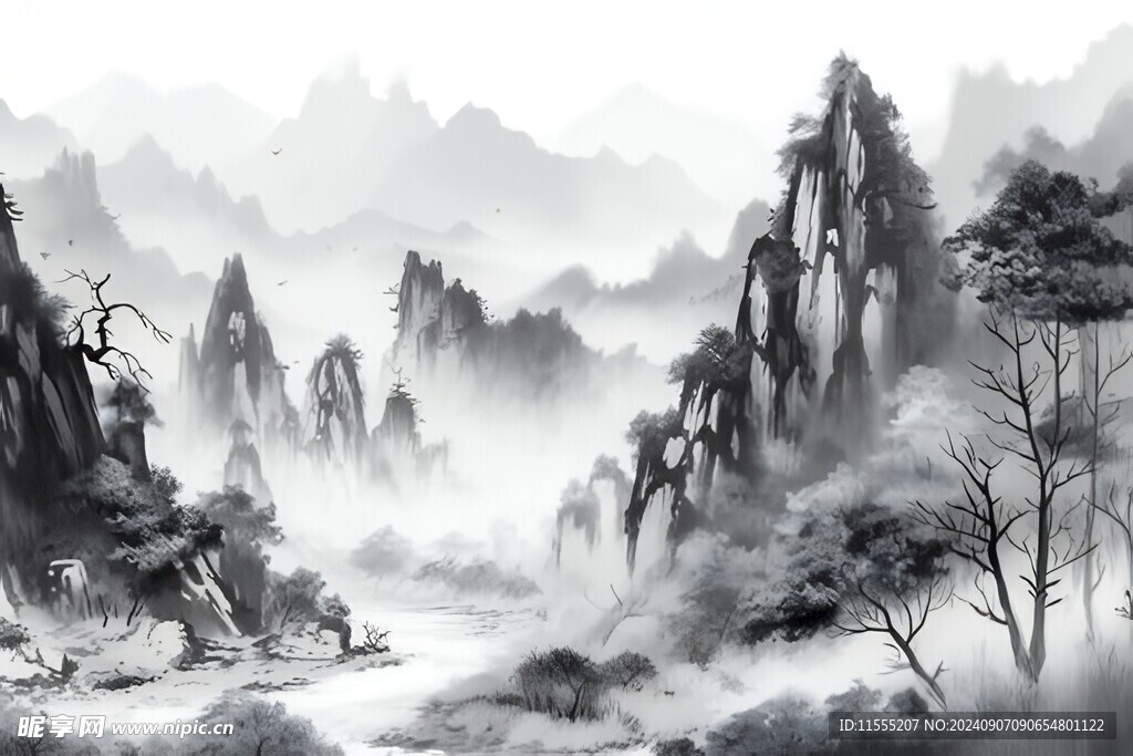 手绘复古写意画禅意水墨山水画