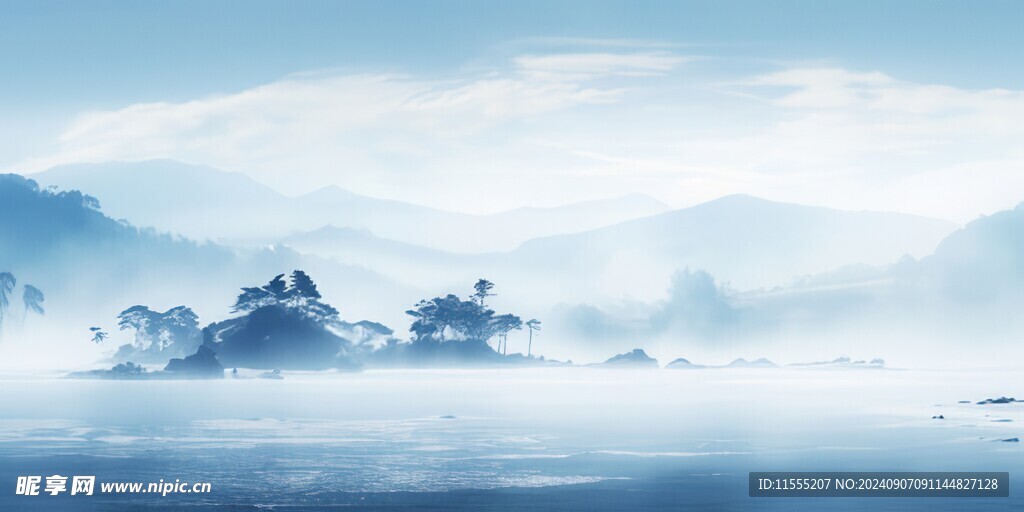 简约禅意手绘风光山水飞鸟云雾