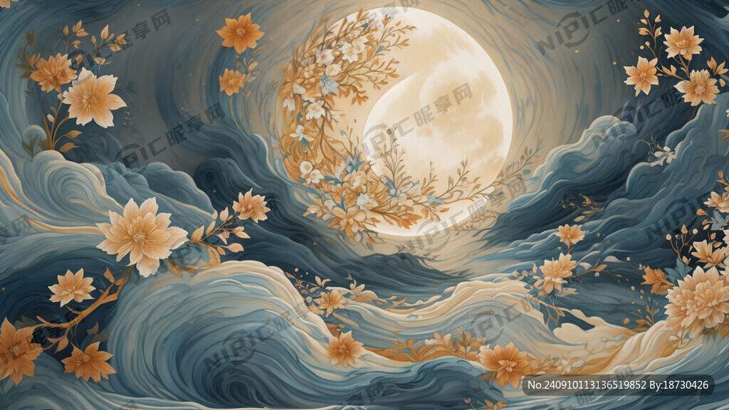 克莱因蓝刺绣 金色的中秋月亮