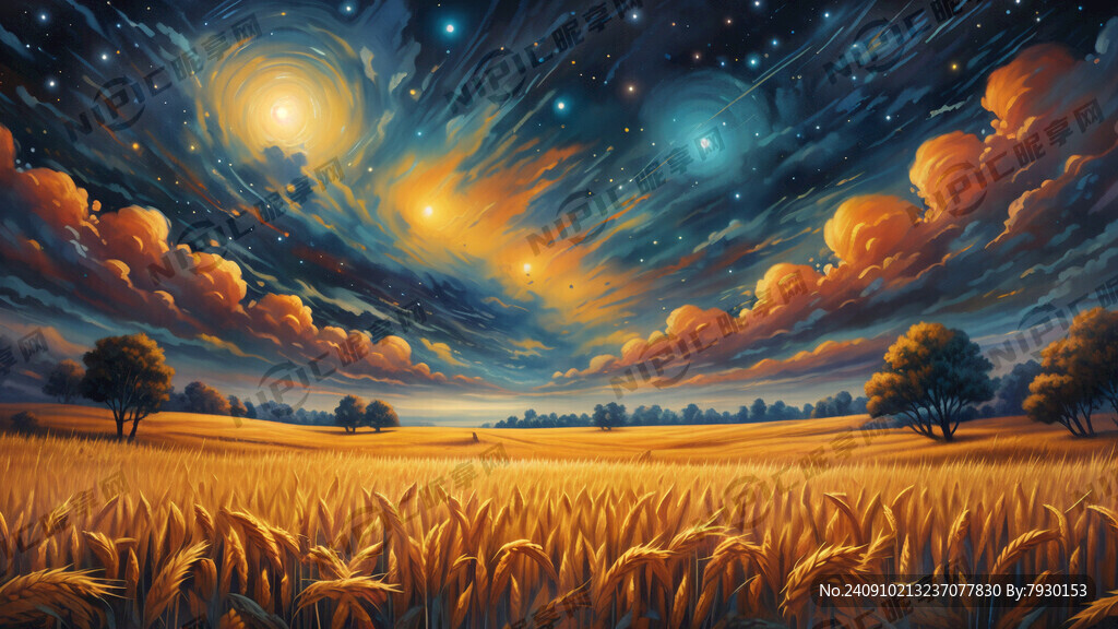 油画星空 金黄的麦田