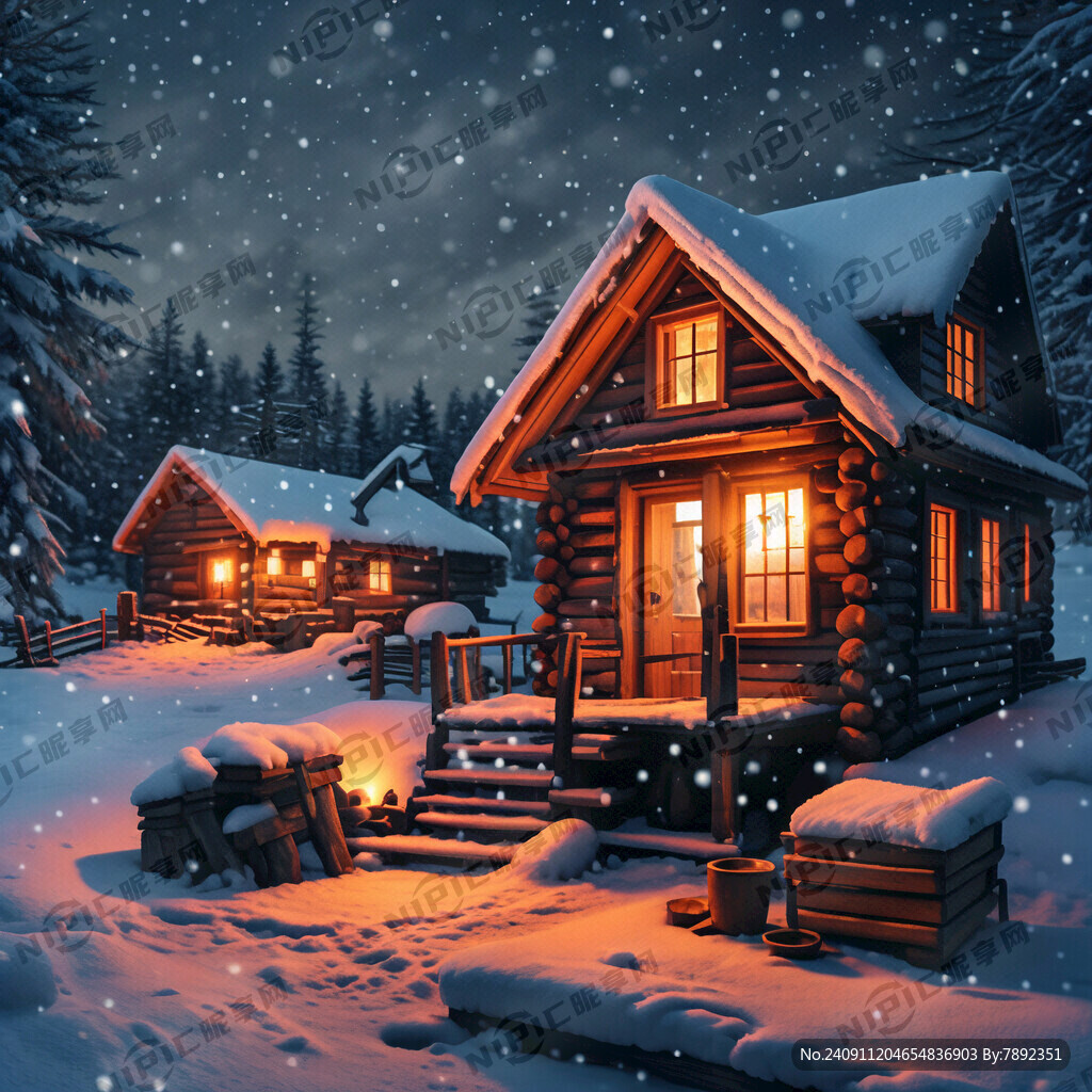 温暧的灯光 冬日里的小木屋