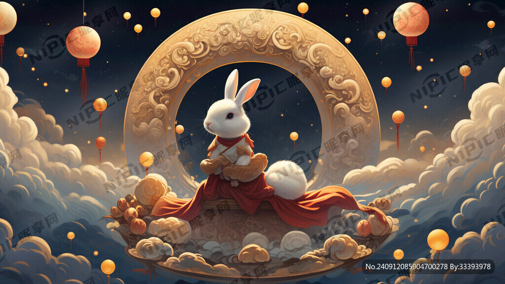 一个夜晚一只小兔子抱着月饼思念