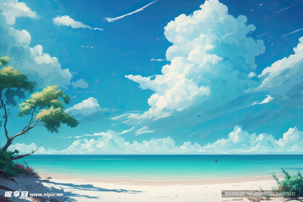 海滩景色云椰子树大海沙滩