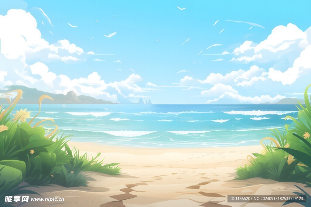 海滩景色云椰子树大海沙滩