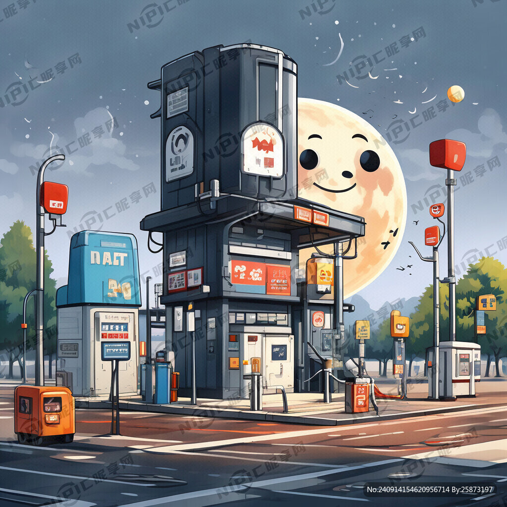 加油站 中秋 卡通