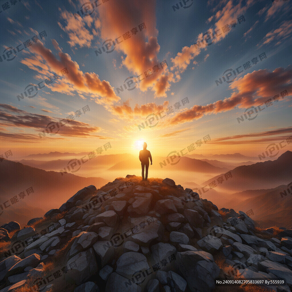 朝阳　太阳升起　　一个人站在小