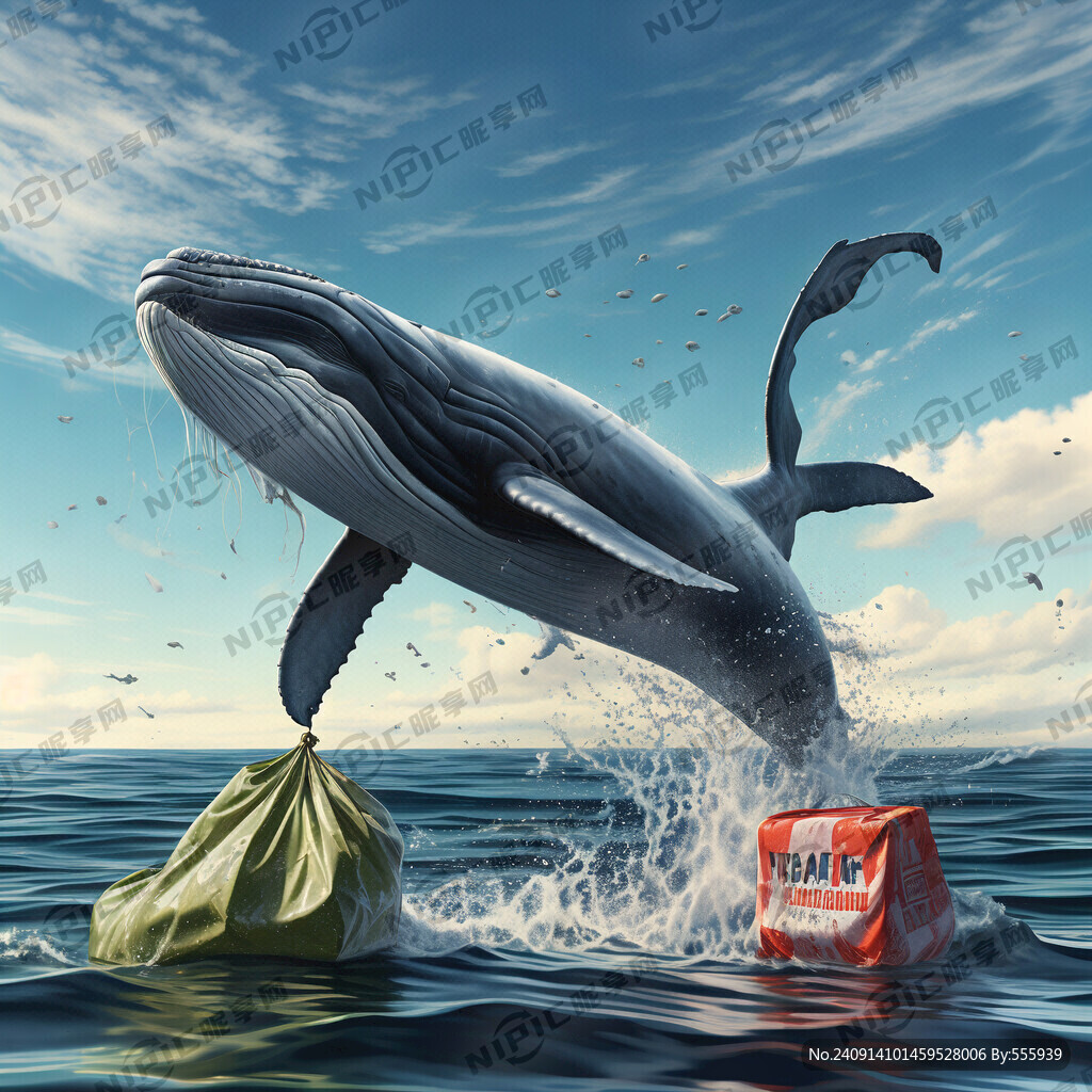 一只鲸鱼跃出海面　鲸鱼头上套着