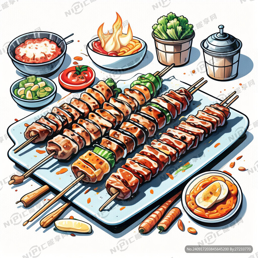 烧烤 蔬菜肉串 卡通 烤串美食