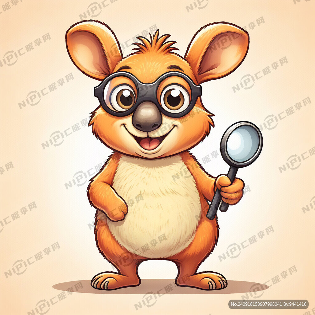拿大大的放大镜的橙色卡通袋鼠