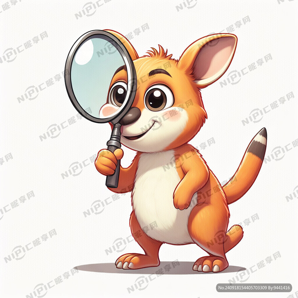 举手拿放大镜的橙色卡通袋鼠查找