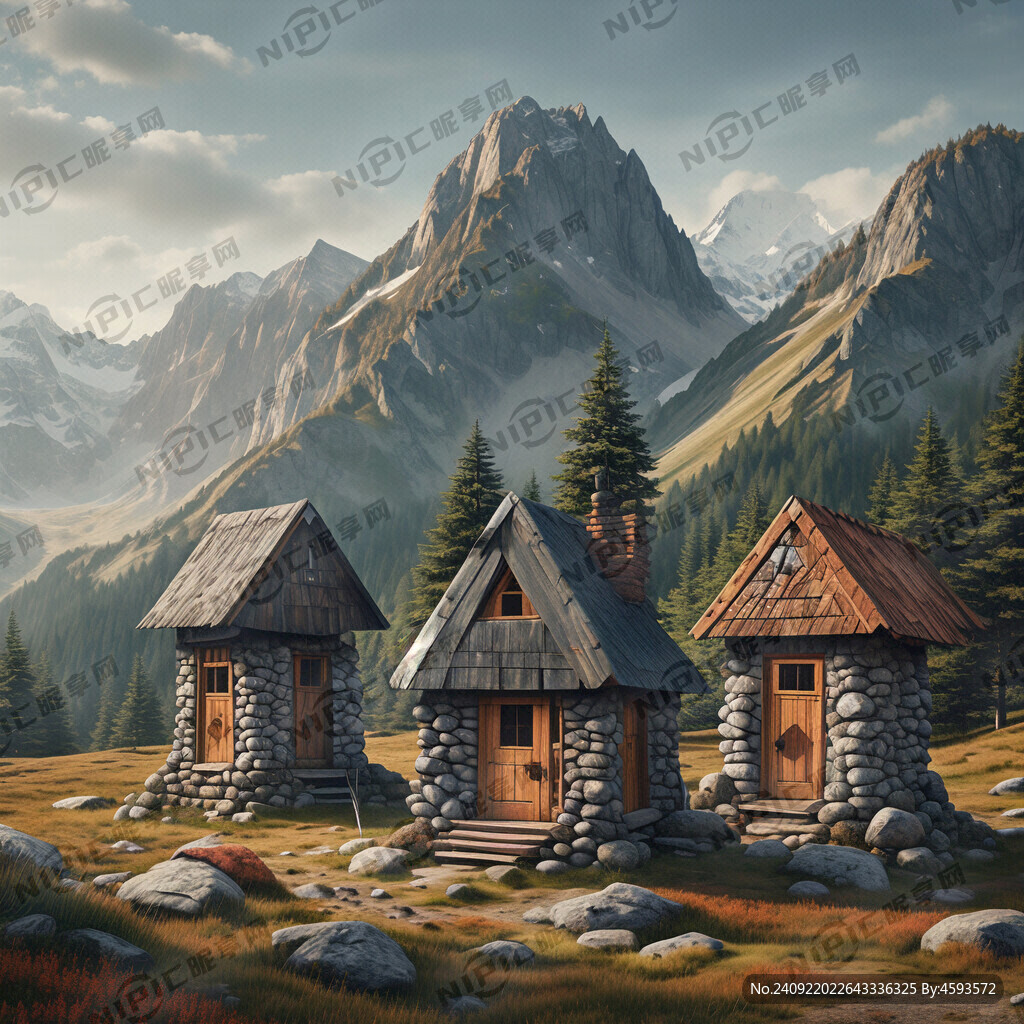 山中间的3个石头底座木屋