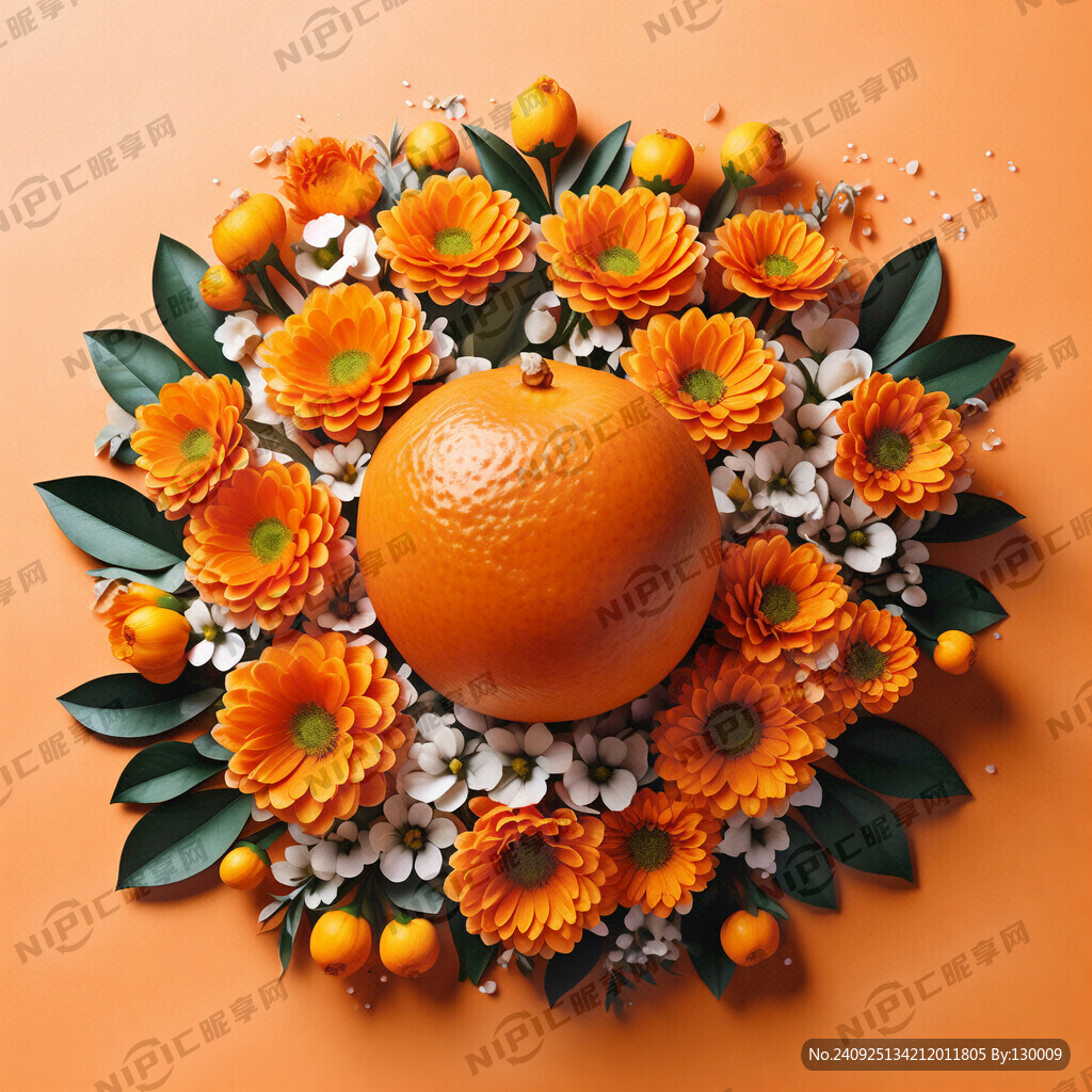 花包围橙子 橙子中间 橘色背景