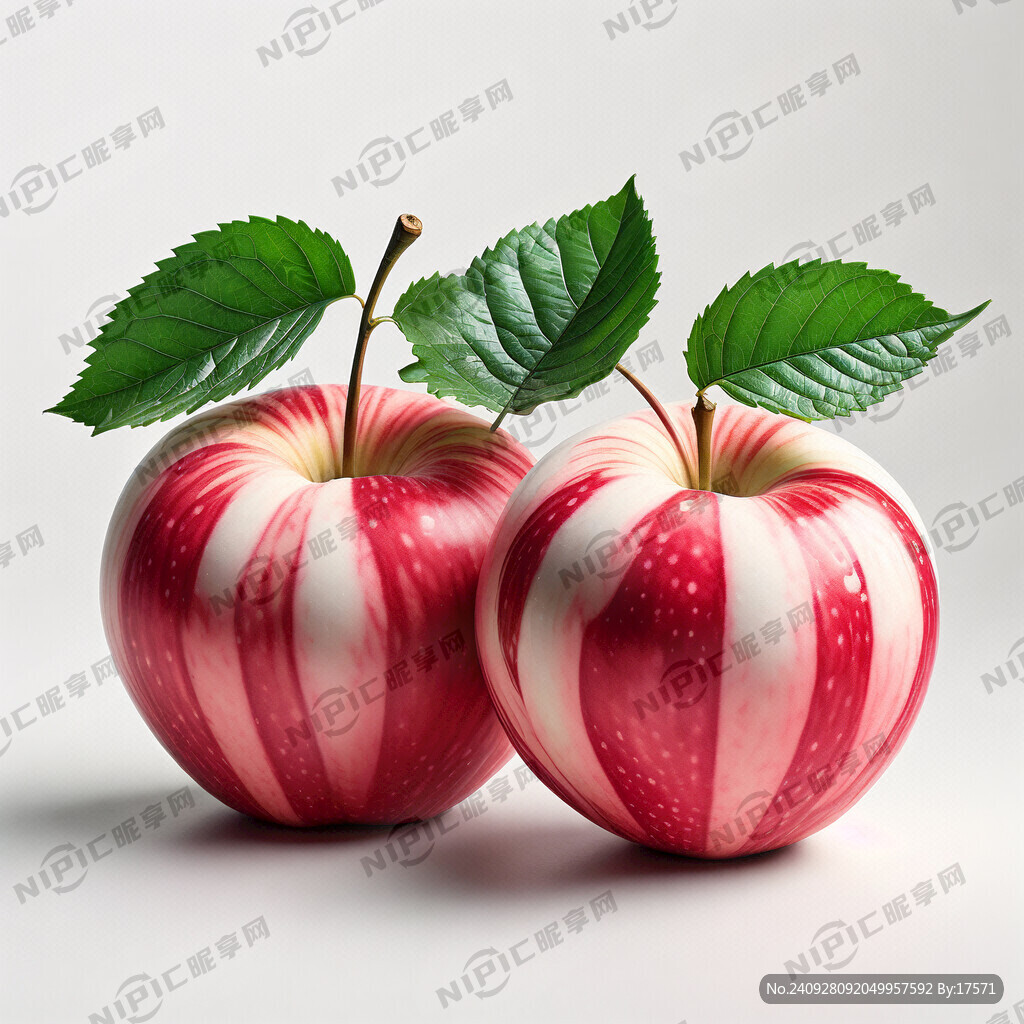 两个带叶子条纹富士红苹果