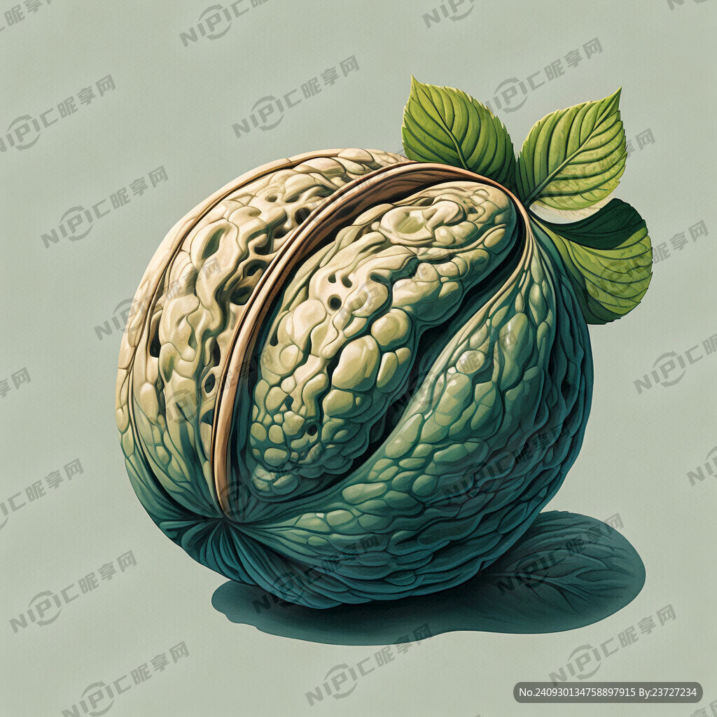 核桃 青色的核桃 翠绿色的叶子