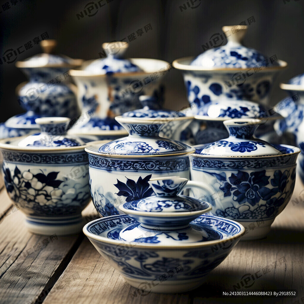 青花瓷 盖碗 一排