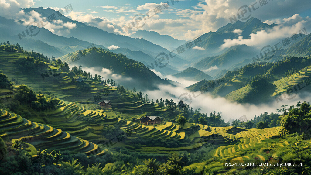 绿水青山 层峦叠嶂 近处有梯田